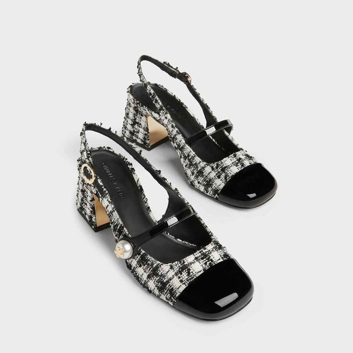 CHARLES&KEITH Mary Jane tweed block heels with pearl embellishment.