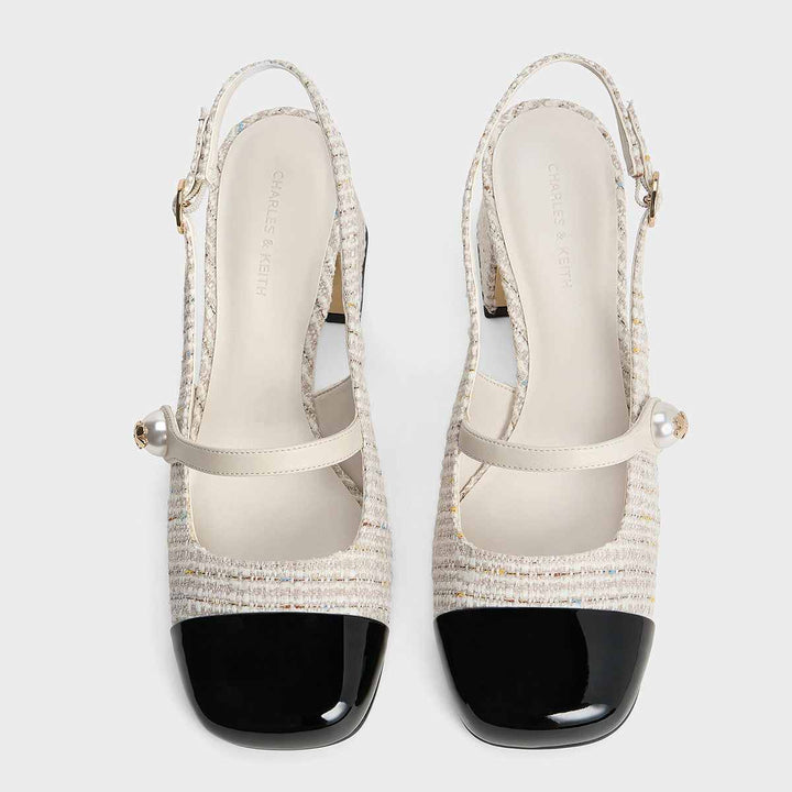 CHARLES&KEITH Mary Jane tweed block heels with pearl detail and contrasting glossy toe.
