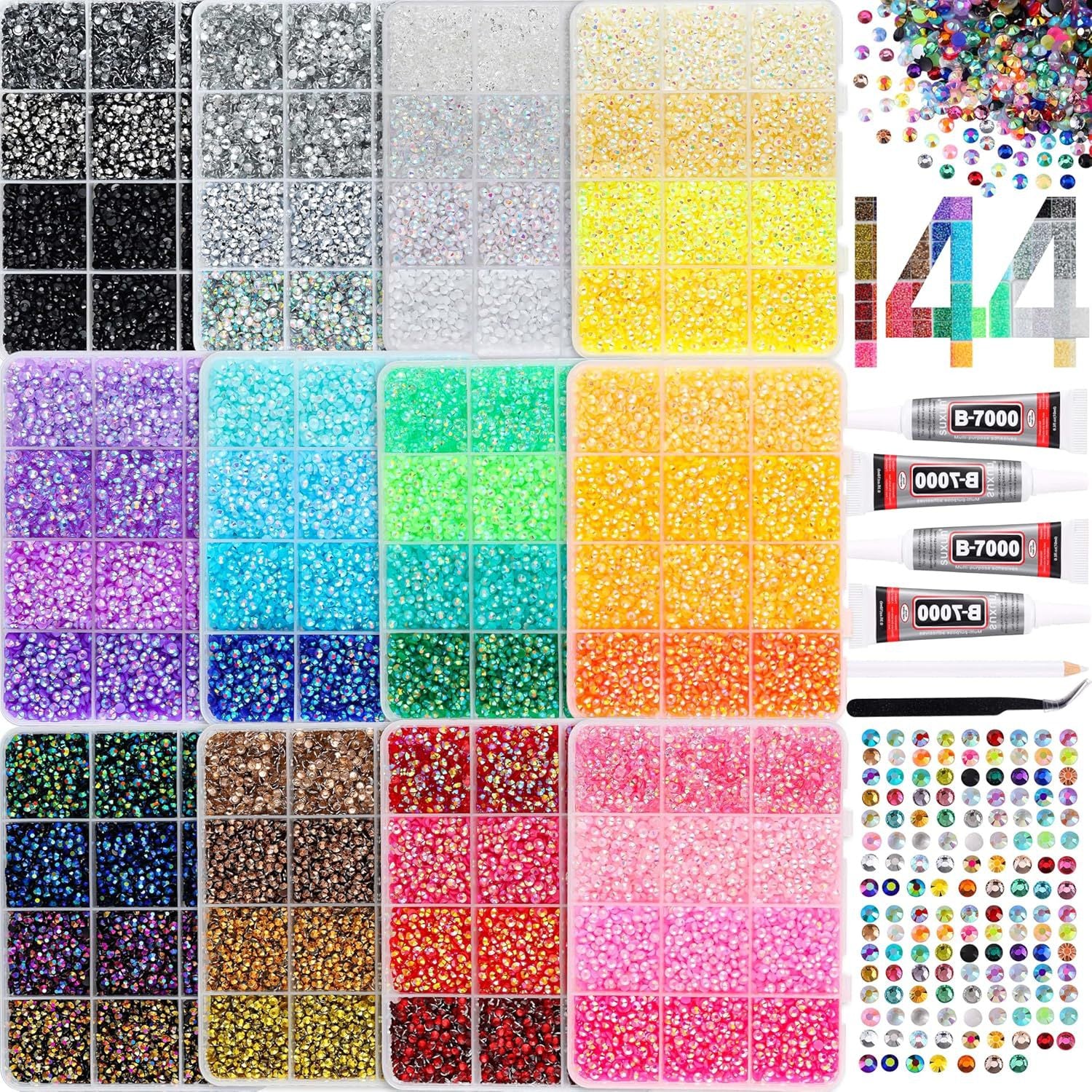 144 grid large flatback rhinestones set with tools - أحجار الراين 144 خانة وفصوص كريستالية