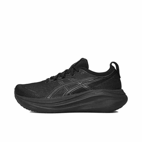 ASICS GEL-NIMBUS 27 حذاء جري اسود ببطانة PureGEL ونعل HYBRID ASICSGRIP بتصميم جاكارد هندسي خفيف ومريح