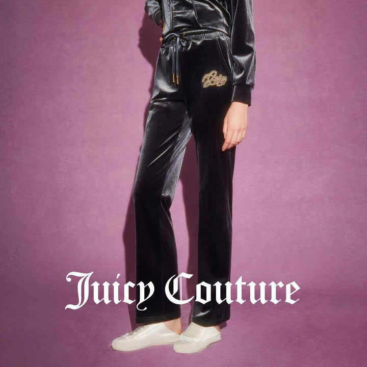 Juicy Couture المخملي الأسود بنطلون فخم بلمعان أنيق وتطريز كريستالي.