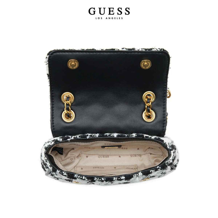 GUESS black crossbody bag with two-tone pattern for women.