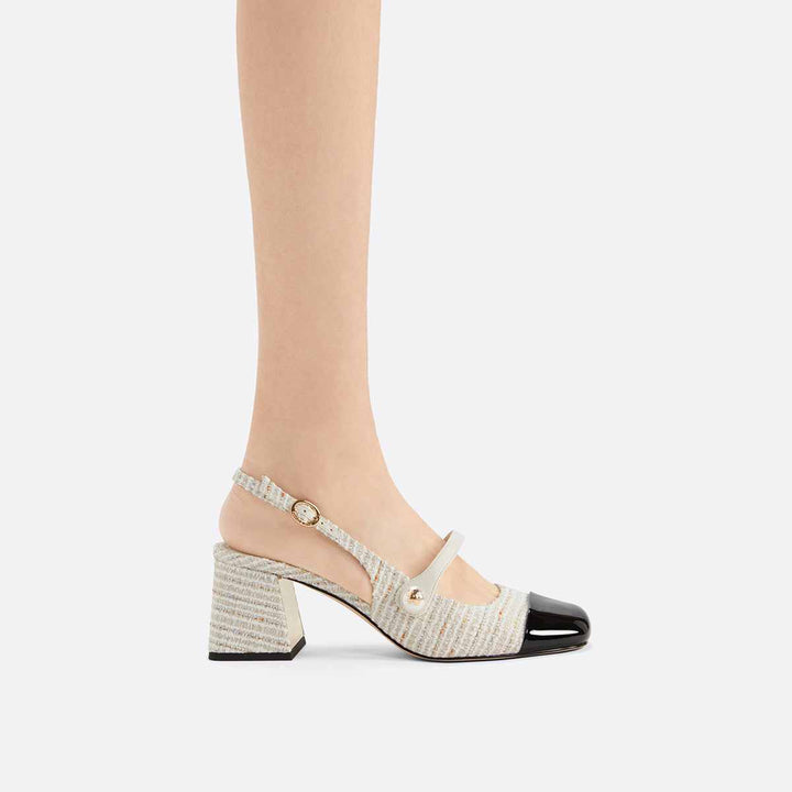 CHARLES&KEITH tweed Mary Jane shoe with block heel and pearl detail.