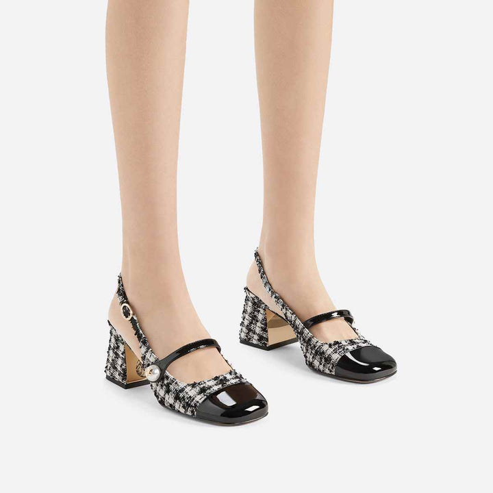 CHARLES&KEITH Mary Jane tweed block heel shoes with glossy leather accents and pearl detail.