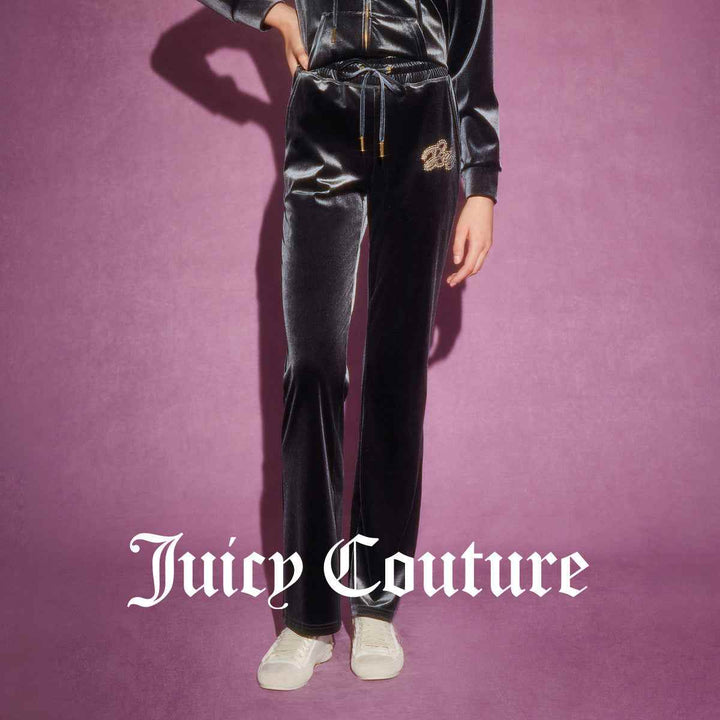 Juicy Couture المخملي الأسود بنطلون فاخر بملمس ناعم وتطريز كريستالي.