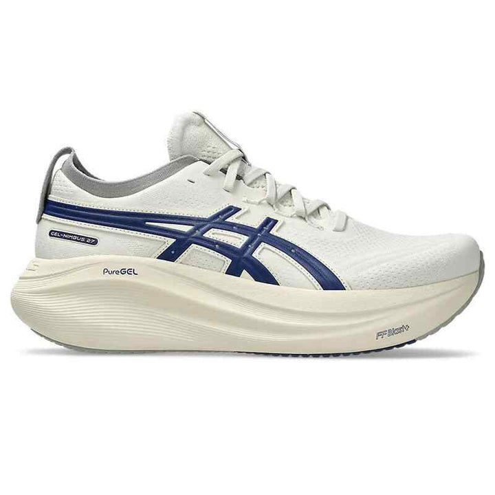 ASICS GEL-NIMBUS 27, white sneaker with blue accents, PureGEL technology, superior cushioning.