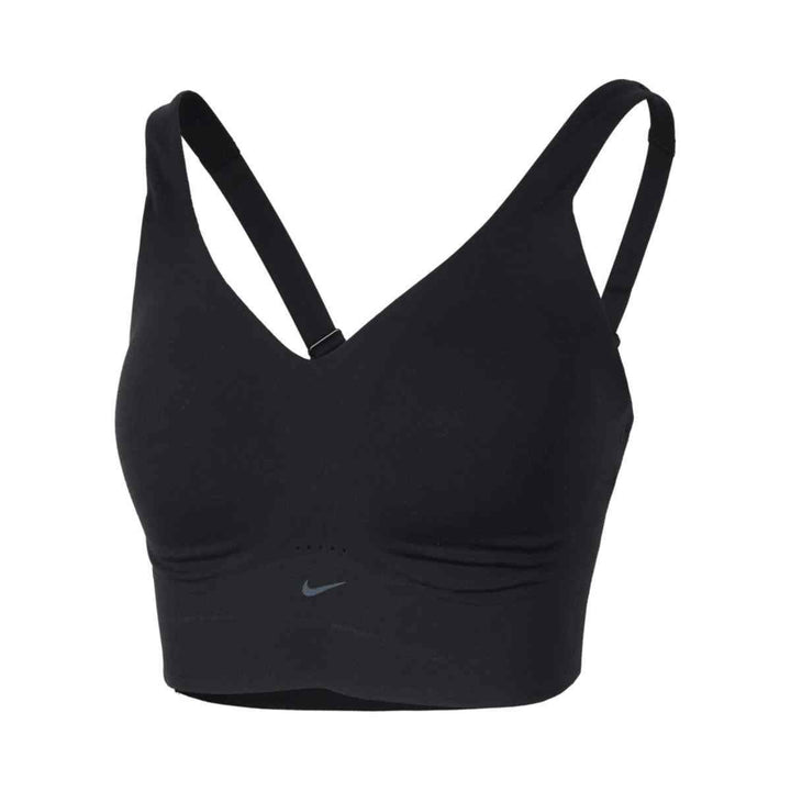 Black Nike women's sports bra for athleisure and everyday wear.