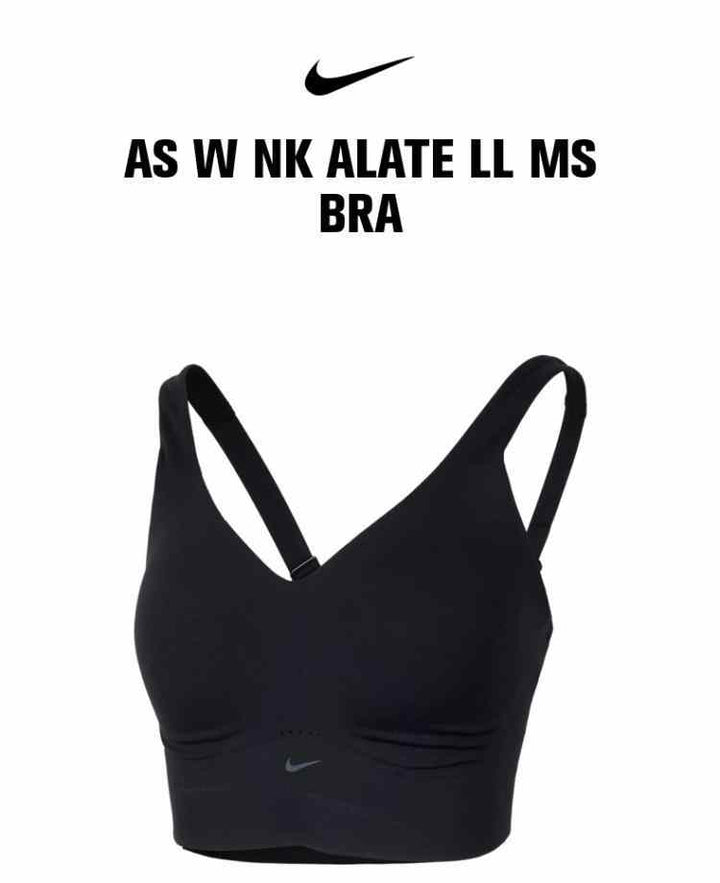 Nike black women's sports bra with V-neck design and adjustable straps.