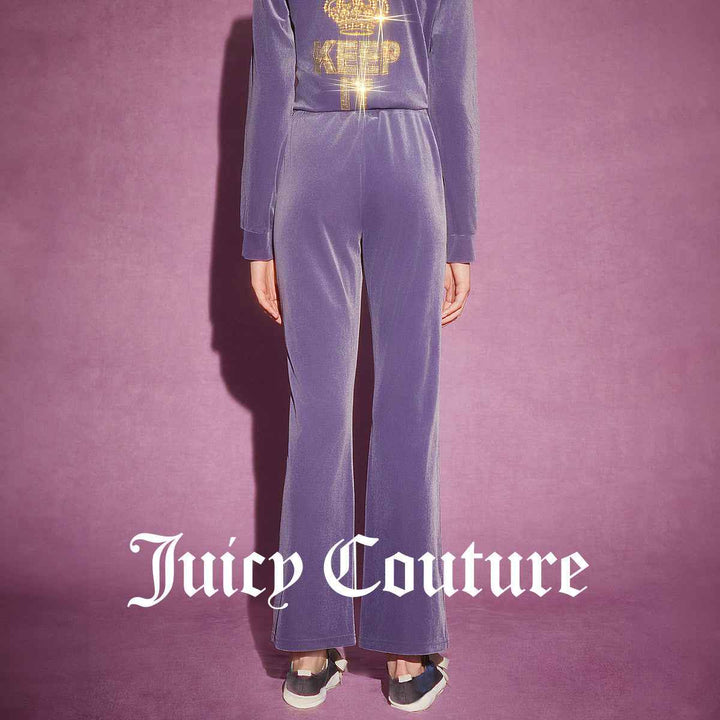 Juicy Couture purple velour pants with sparkling "JUICY" embroidery and adjustable waistband.