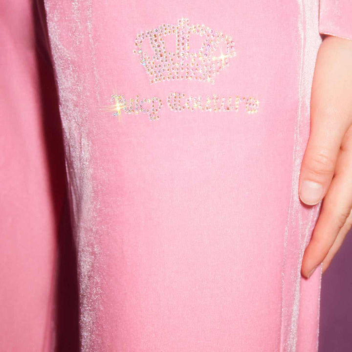 Juicy Couture pink velour pants with sparkling crown and logo embroidery.