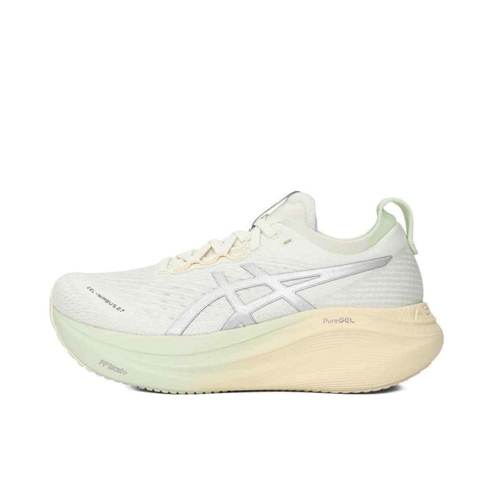 ASICS Gel-Nimbus 27 ivory sneakers with PureGEL cushioning and FF Blast+ technology for comfort and performance.