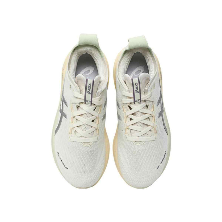 ASICS Gel-Nimbus 27 running shoes in elegant ivory design for comfort and style.