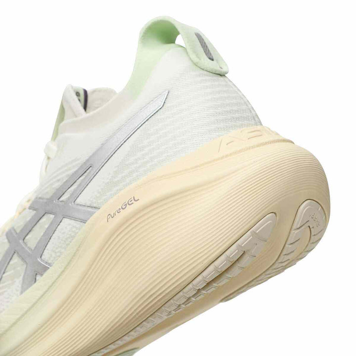 ASICS Gel-Nimbus 27 running shoe with ivory design, showcasing PureGEL cushioning and FF Blast+ technology for comfort and stability.