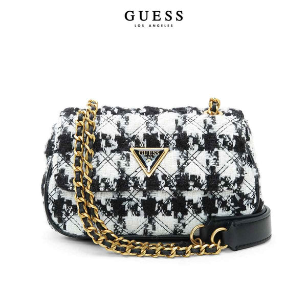 GUESS women's black crossbody bag, double-sided, with premium patterned design and gold chain strap.