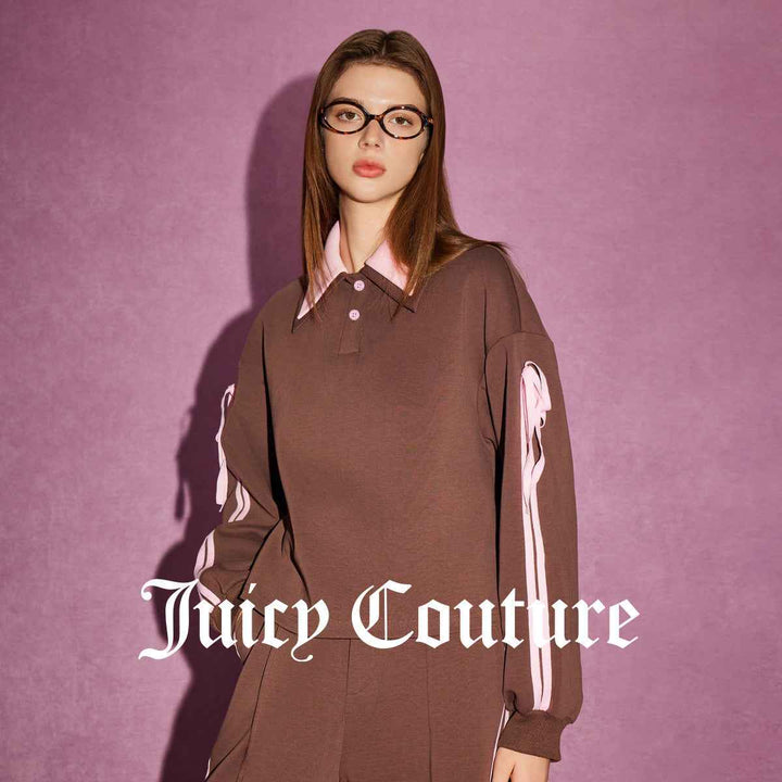 Juicy Couture brown and pink sporty blouse with polo collar and long sleeves.