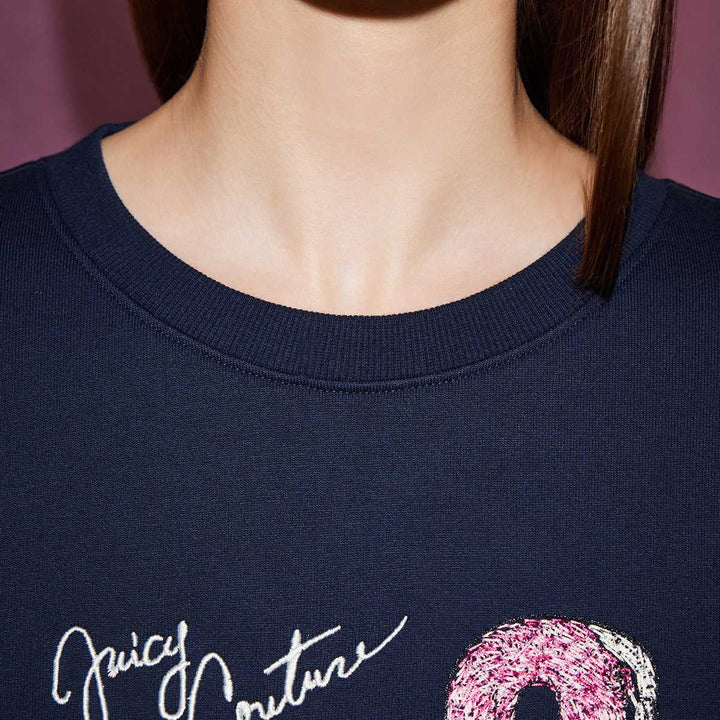 Juicy Couture navy sweatshirt with pink flamingo embroidery and logo detailing.