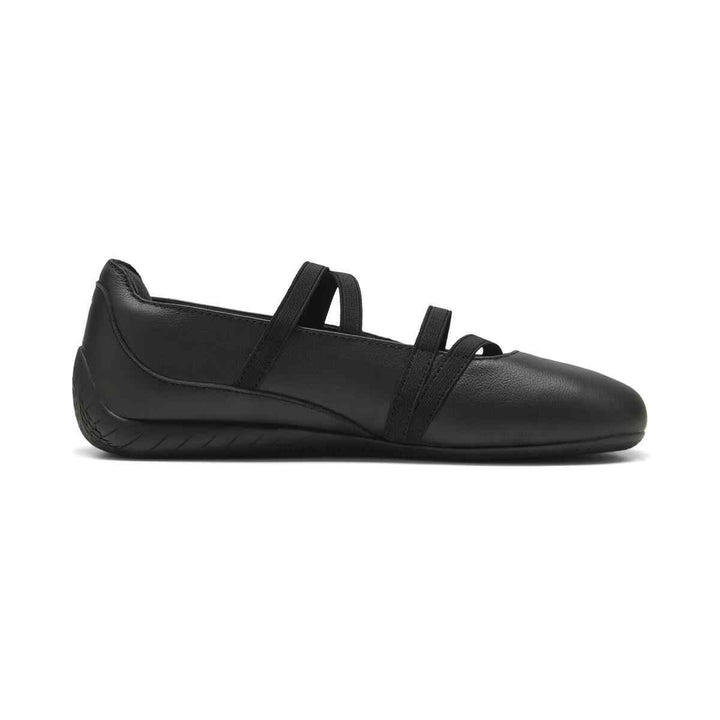 Puma Speedcat women's leather ballet shoe in black, sleek race-inspired design with elastic straps and rubber sole.