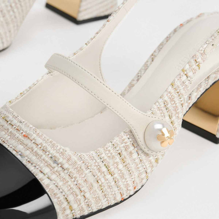 CHARLES&KEITH Mary Jane tweed shoe with pearl embellishment and block heel.