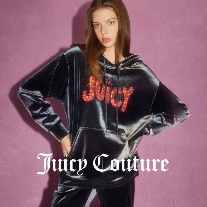 Black velvet hoodie with red sequin Juicy design by Juicy Couture.