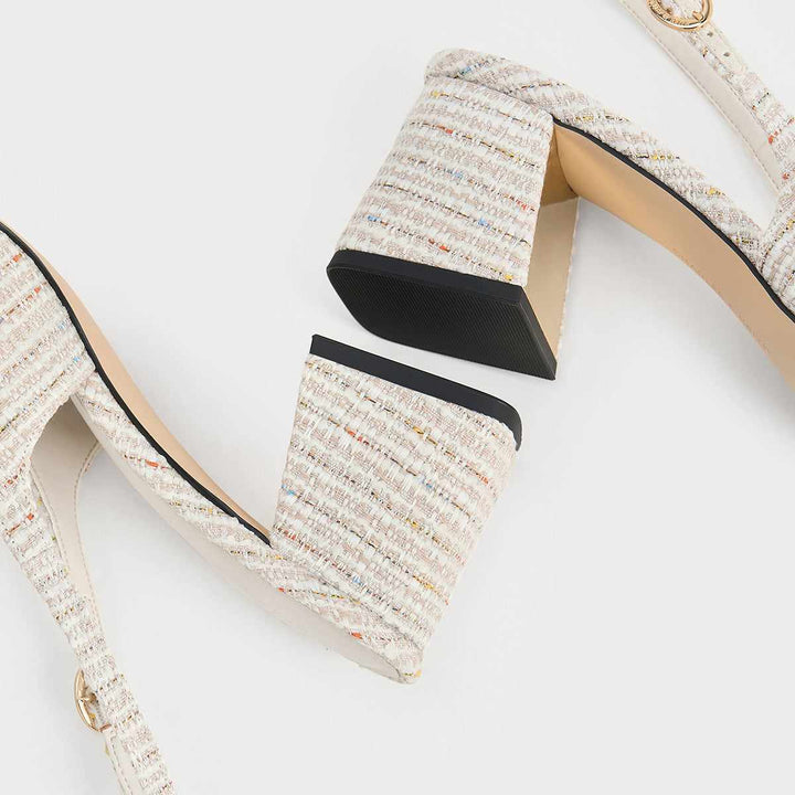 CHARLES&KEITH Mary Jane tweed block heel shoes with pearl-accented side buckle.