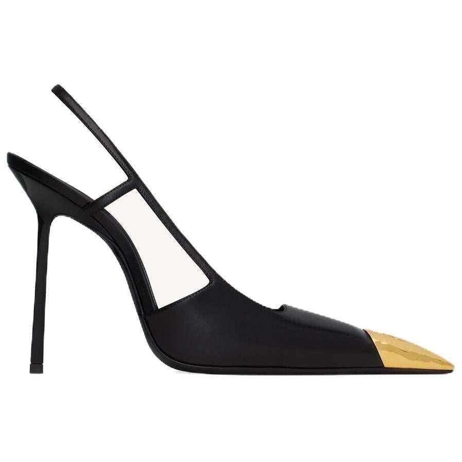 حذاء Saint Laurent Slingback كعب عالي أسود بمقدمة ذهبية.