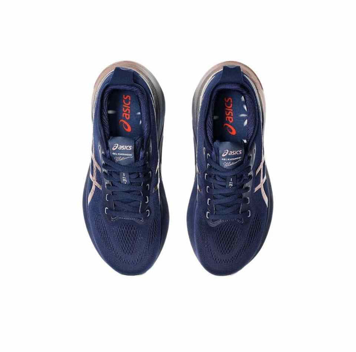 GEL-KAYANO™ 31 running shoes, top view, featuring advanced stability and comfort, navy with metallic details.