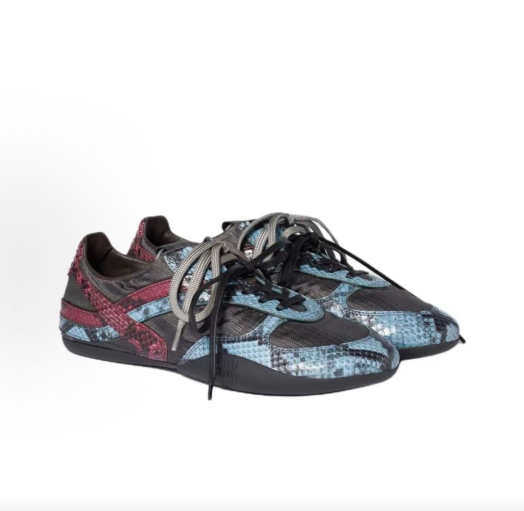 MIU MIU Gymnasium Leather Python Print Round Toe Lace-up Low-top Casual Shoes for Women, Blue