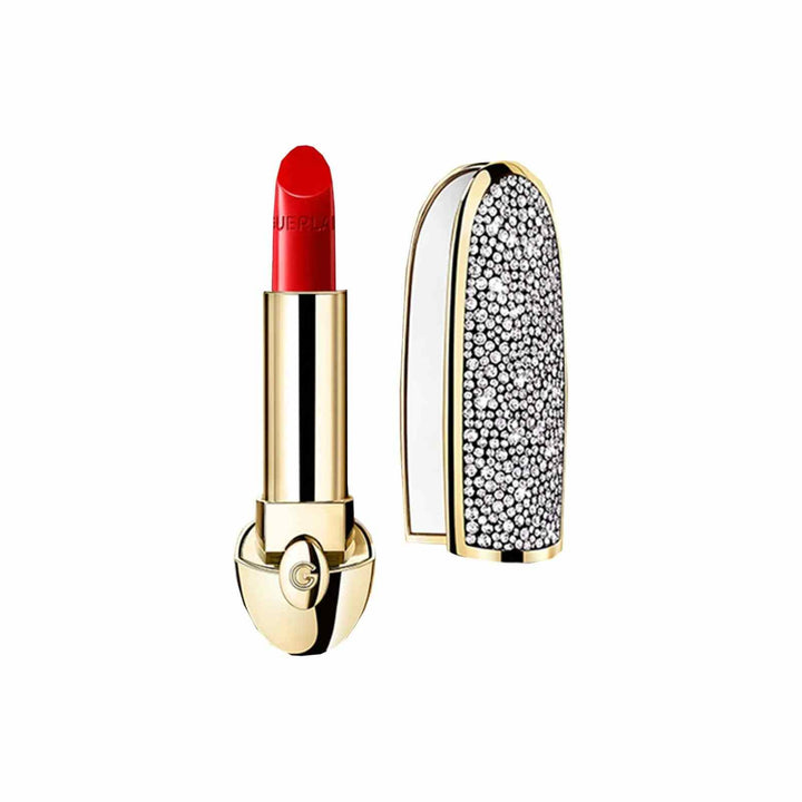 Guerlain Diamond Queen Jewel Lipstick with satin finish and luxurious jeweled gold case in vibrant red color