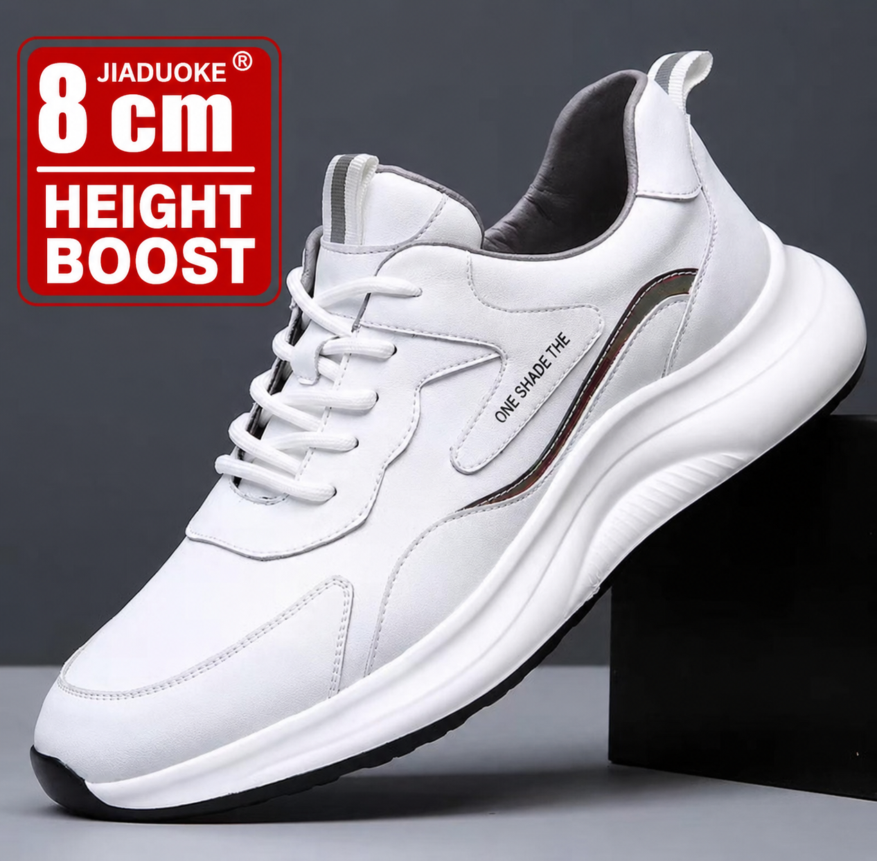 حذاء رياضي JIADUOKE لزيادة الطول 8cm باللون الأبيض الأنيق