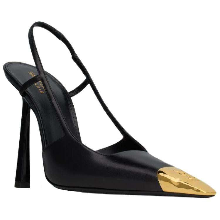 حذاء Saint Laurent Slingback كعب عالي أسود بمقدمة ذهبية.