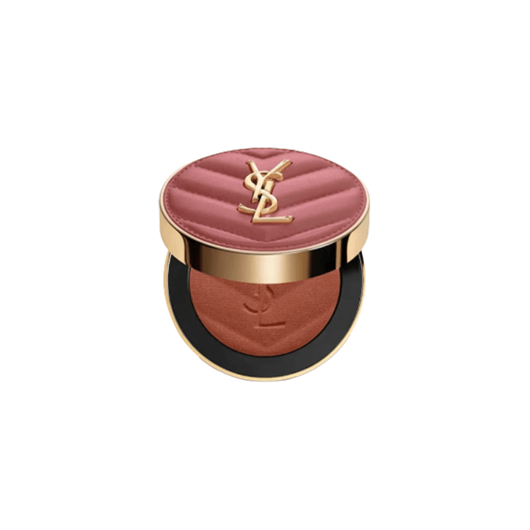 بلاشر بشعار YSL بدرجة وردي ترابي، العلبة مغلقة ومفتوحة