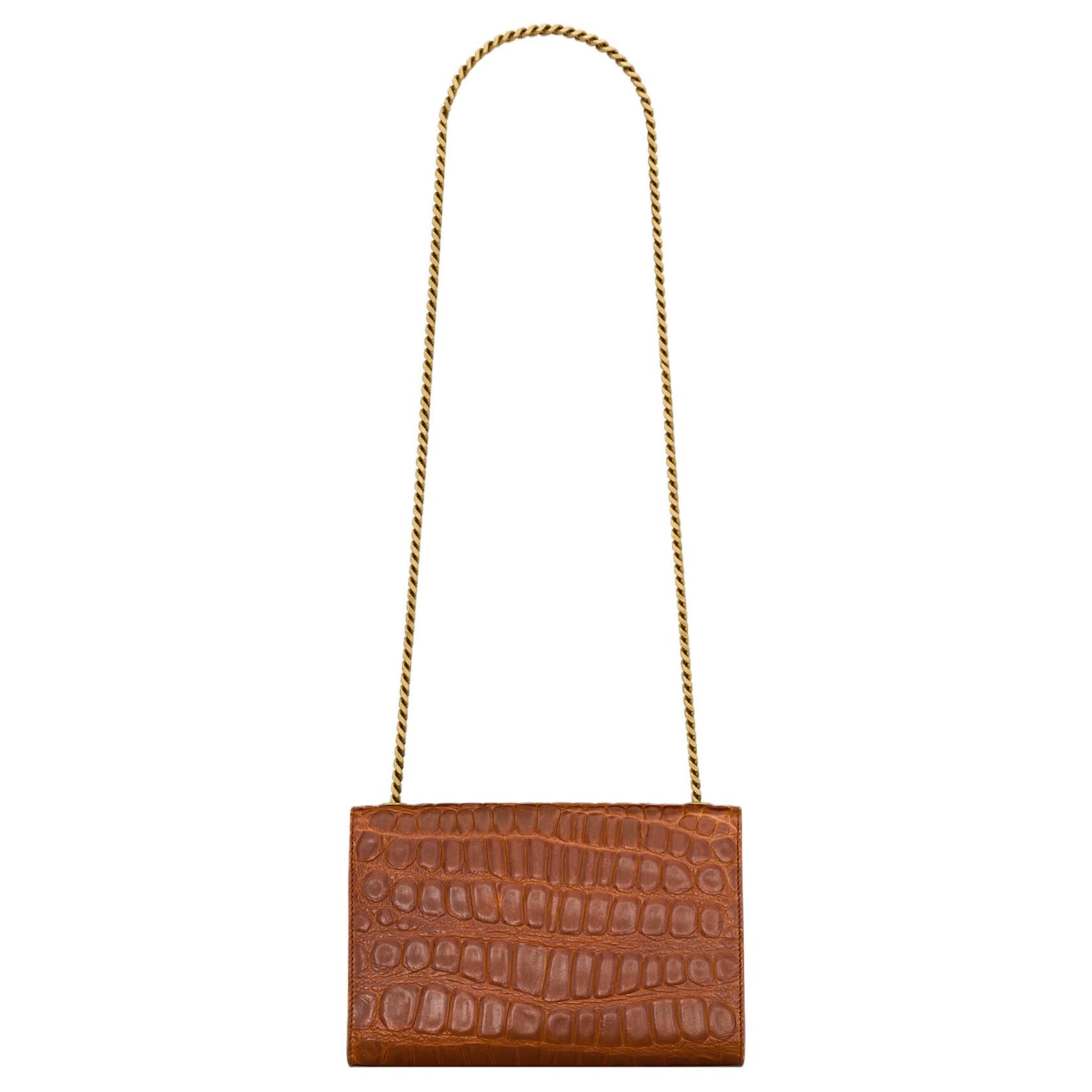 SAINT LAURENT KATE gold-toned logo Chain shoulder strap Bronze hardware Crocodile embossed leather Shoulder bag Small Women's Dark beige