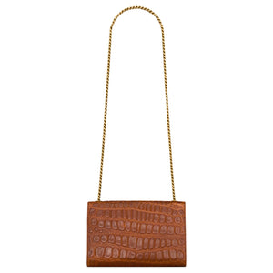 SAINT LAURENT KATE gold-toned logo Chain shoulder strap Bronze hardware Crocodile embossed leather Shoulder bag Small Women's Dark beige