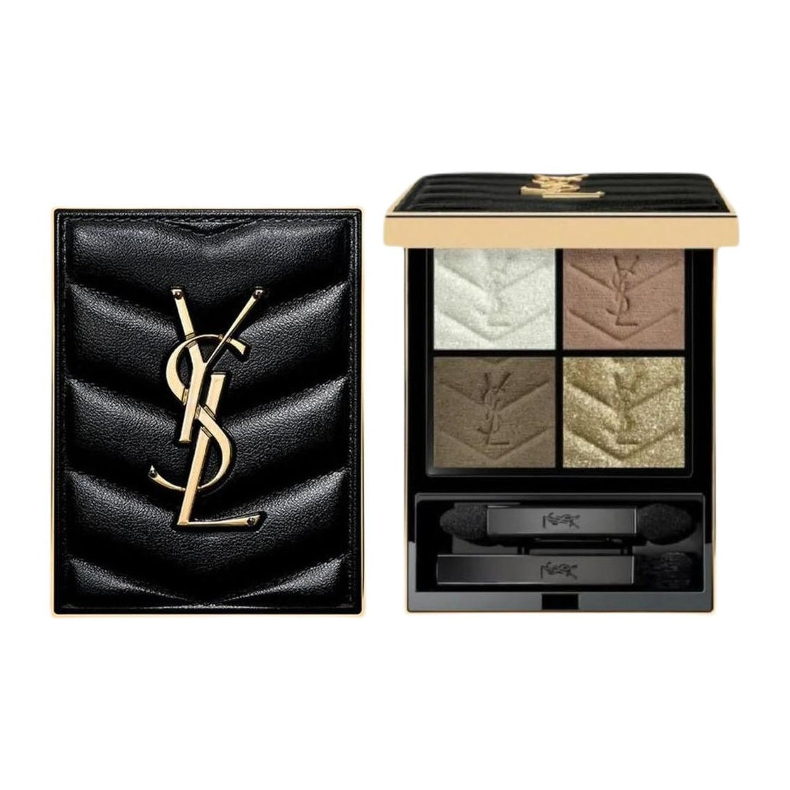 باليت ظلال عيون رباعية بشعار YSL مغلقة ومفتوحة بدرجات خضراء وذهبية لامعة