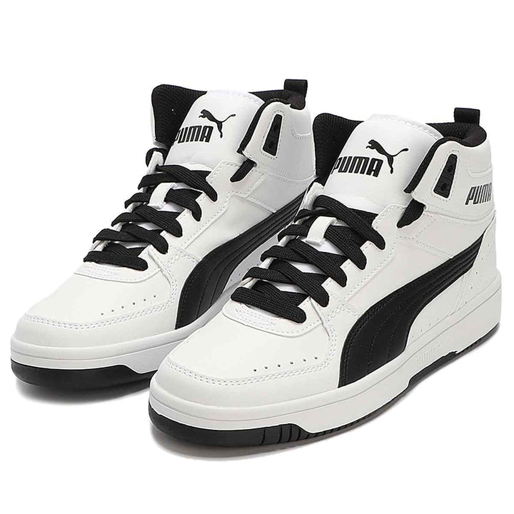 Puma high top sneakers in white and black, offering extra ankle support with a durable design and rubber sole. Perfect for modern sporty fashion.