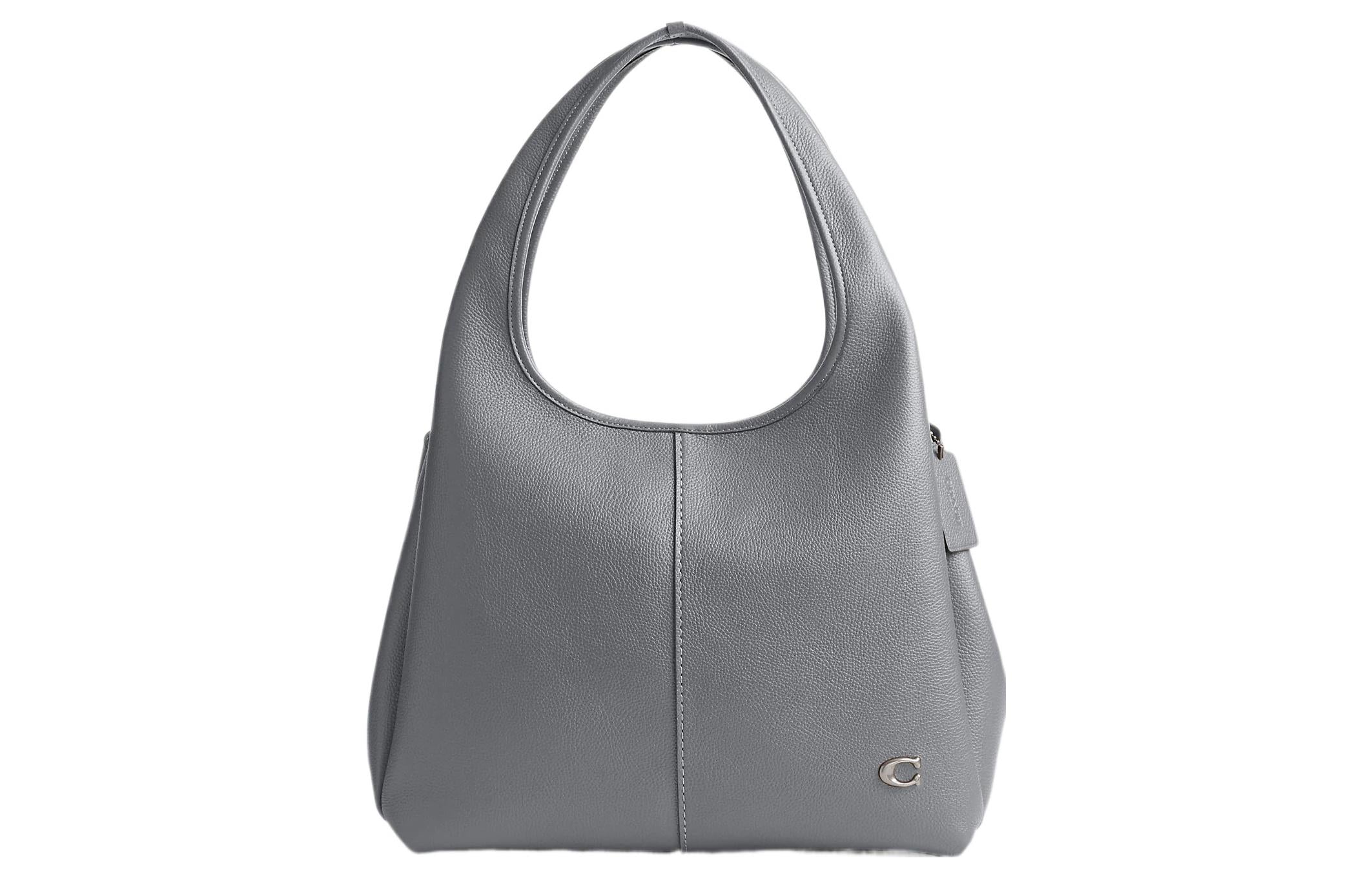 COACH Lana 34 Solid Color Silver Logo Pattern Zipper Compartment Quilted Hardware Buckle Polished Pebble Leather Handbag Large Women's Dark Gray