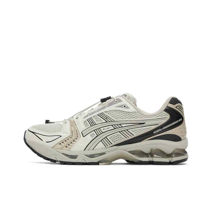Asics حذاء سنيكرز Gel-Kayano 14 للجري بلون سموك جري، نظام أربطة سريع، مقدمة لوزية.