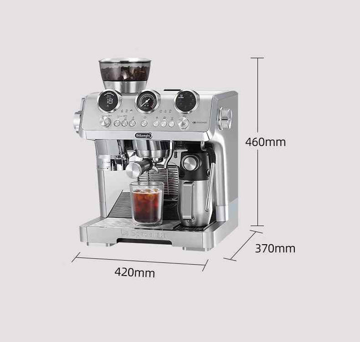 DeLonghi La Specialista EC9885.M coffee machine with integrated grinder, steam wand, and digital controls, dimensions 420x370x460mm.