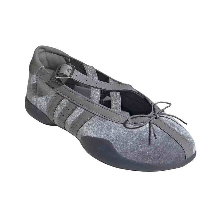Grey Adidas Ballet Flats with sleek leather details, cross strap buckle, and flexible sole for comfortable casual wear