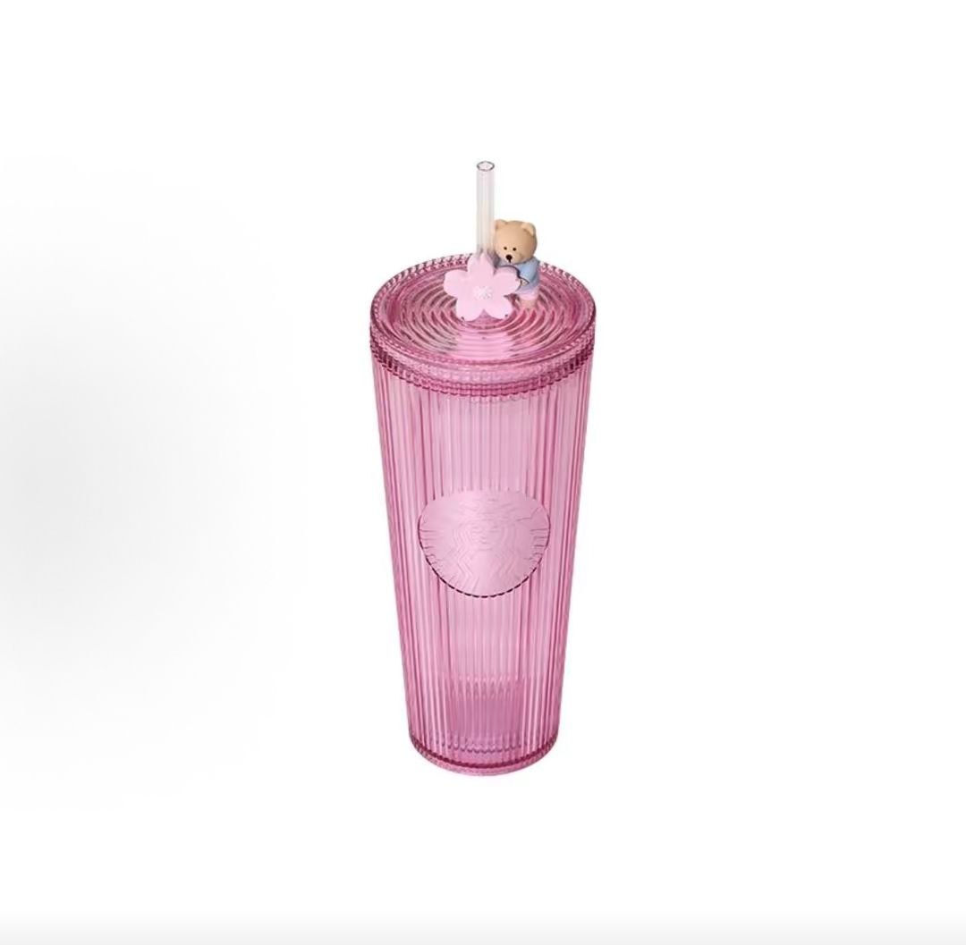 Starbucks Cherry Blossom Spring Series Straw Cup, Striped Plastic, Pink, 710ml