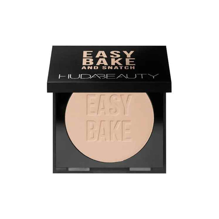 Huda Beauty Easy Bake and Snatch pressed powder compact with embossed logo for matte, long-lasting finish