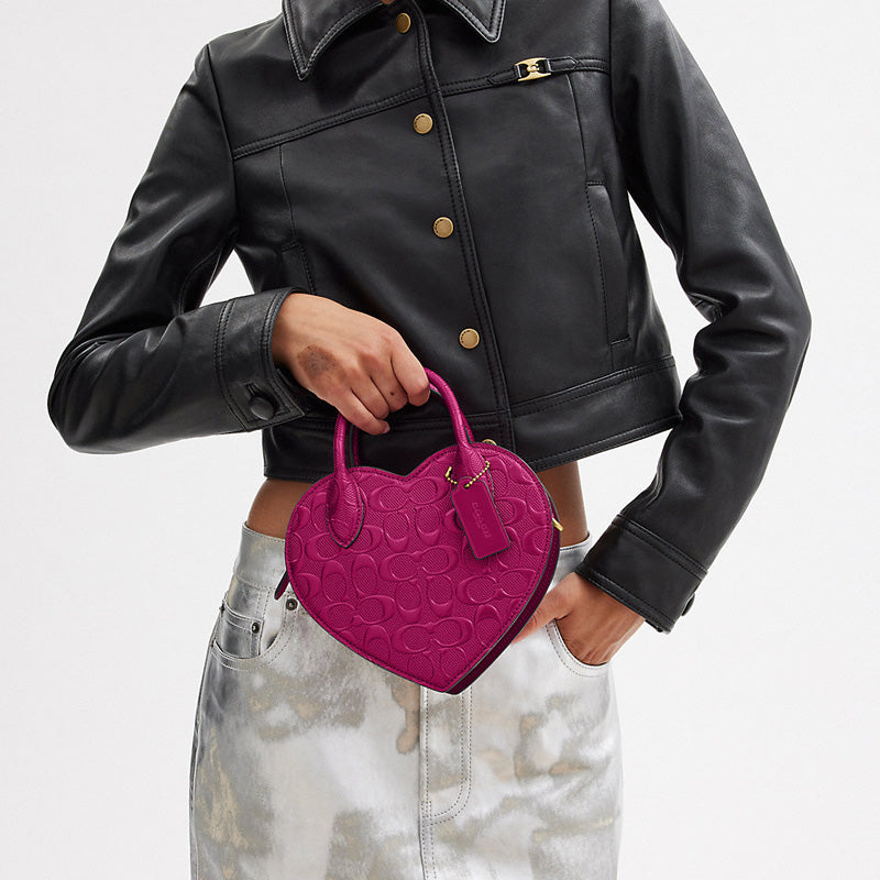 COACH Heart 20 Embossed Letter Logo Zipper Hardware Buckle Card Slot Patent Leather Heart-shaped Handheld Crossbody Single Shoulder Small Women's Pink Red