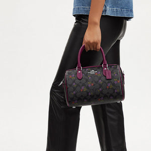 COACH Rowan 25 Signature Floral Print Coated Canvas Leather Single Shoulder Crossbody Handbag Medium Women's Silver Graphite Deep Berry Color