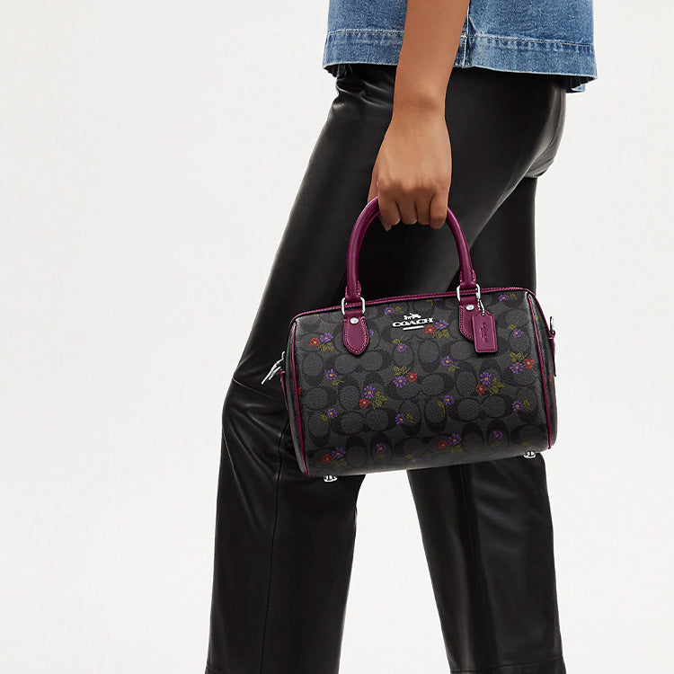 COACH Rowan 25 Signature Floral Print Coated Canvas Leather Single Shoulder Crossbody Handbag Medium Women's Silver Graphite Deep Berry Color