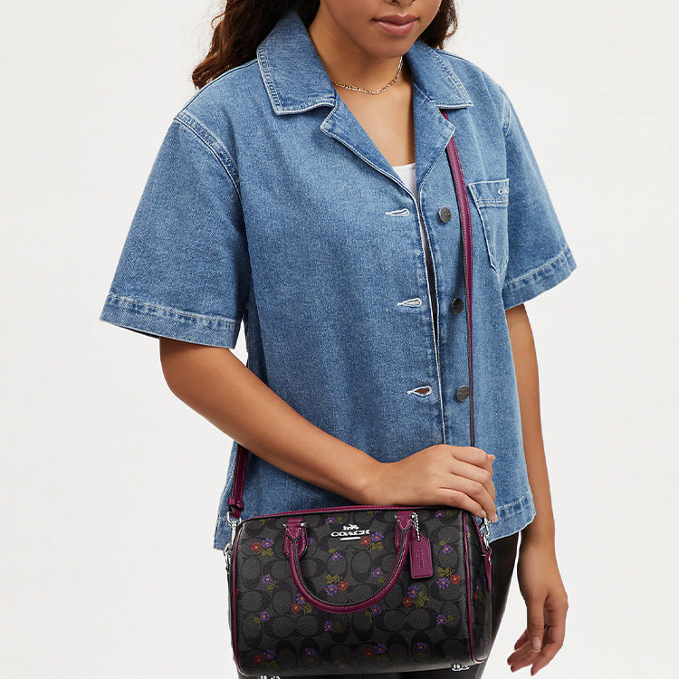 COACH Rowan 25 Signature Floral Print Coated Canvas Leather Single Shoulder Crossbody Handbag Medium Women's Silver Graphite Deep Berry Color
