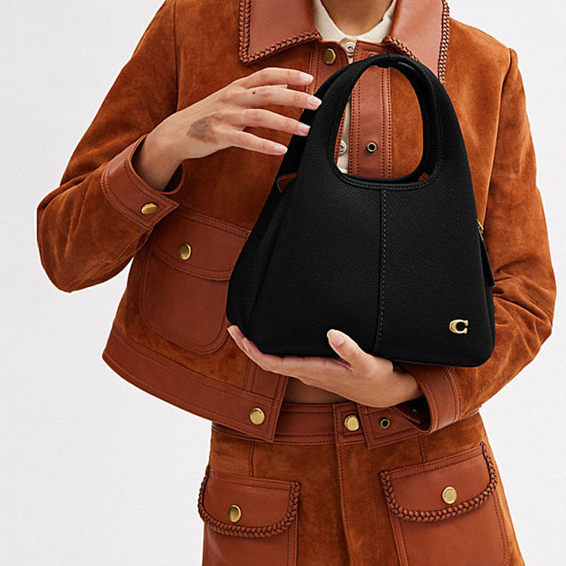 COACH Lana 23 Solid Gold Label Zipper Quilted Hardware Buckle Pebble Pattern Leather Single Shoulder Handbag Medium Size Women's Black