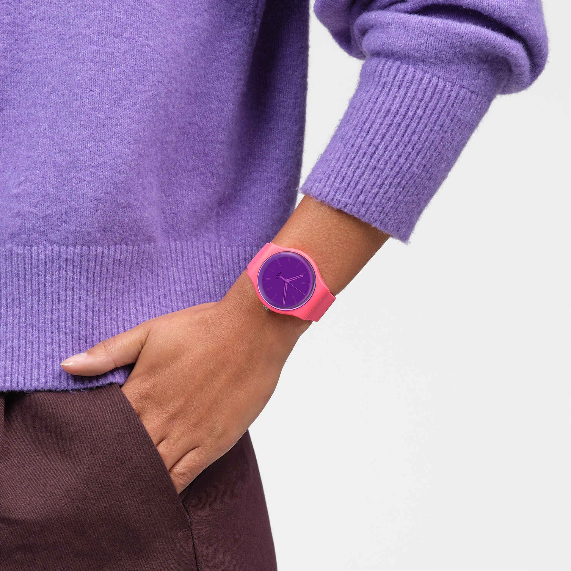 SWATCH Swatch Essentials Quartz Movement 30m Water Resistance Unisex 41mm Purple Dial Biogenic Case Silicone Strap