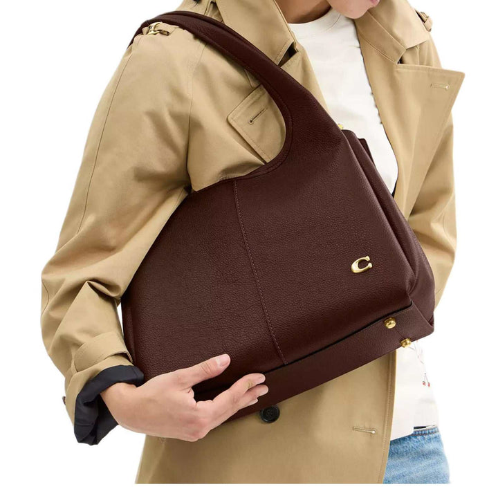 COACH Lana 33 gold-toned brand logo Polished pebbled leather Tote shoulder bag large Women's brown