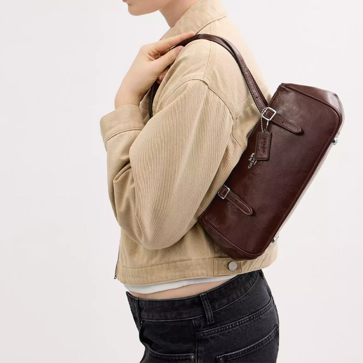 COACH Asher 34 Signature Print Silver Accessories Leather Underarm Shoulder Bag Large Women's Maple