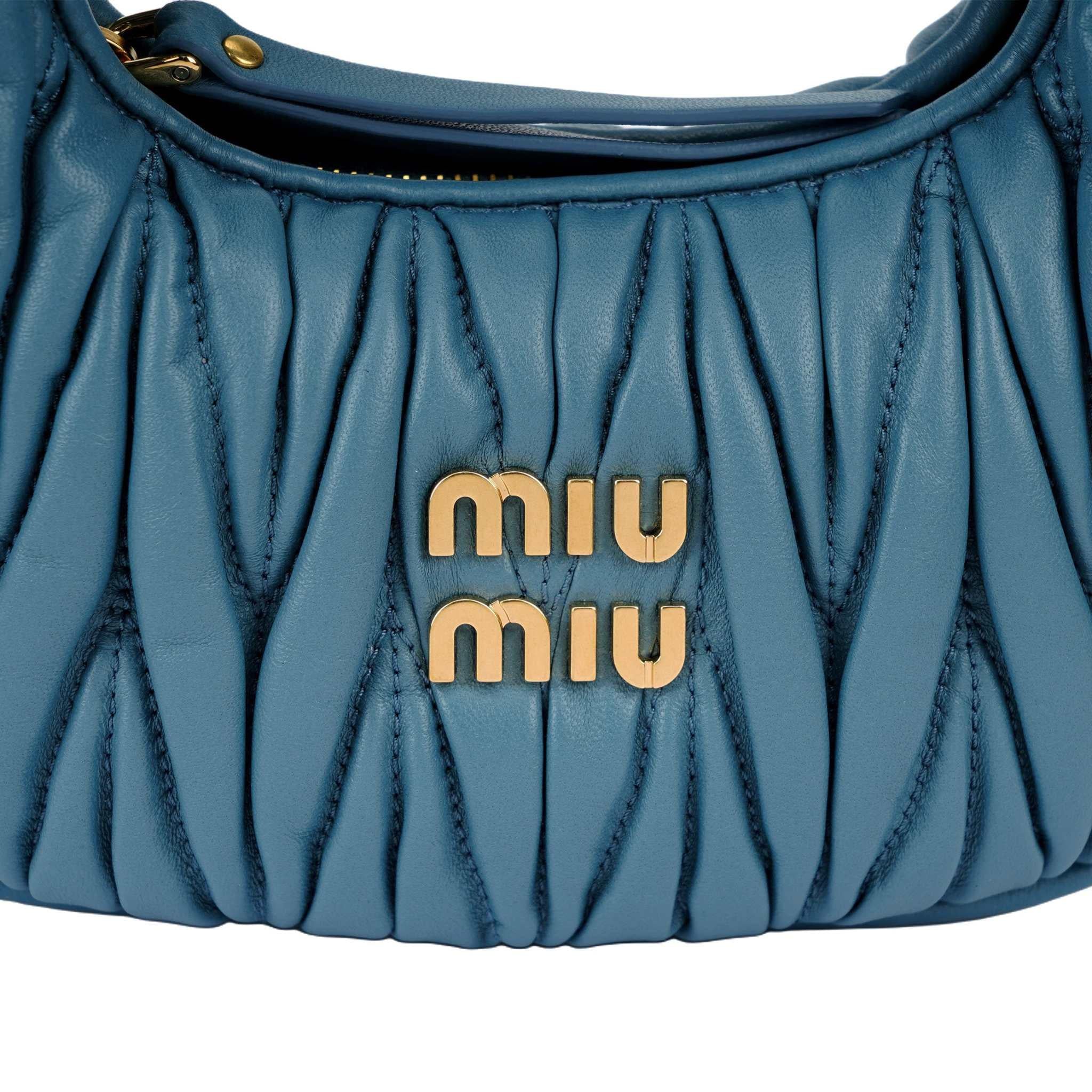 MIU Miu Wander Matelassé Hobo Bag Shoulder Crossbody Mini Blue.